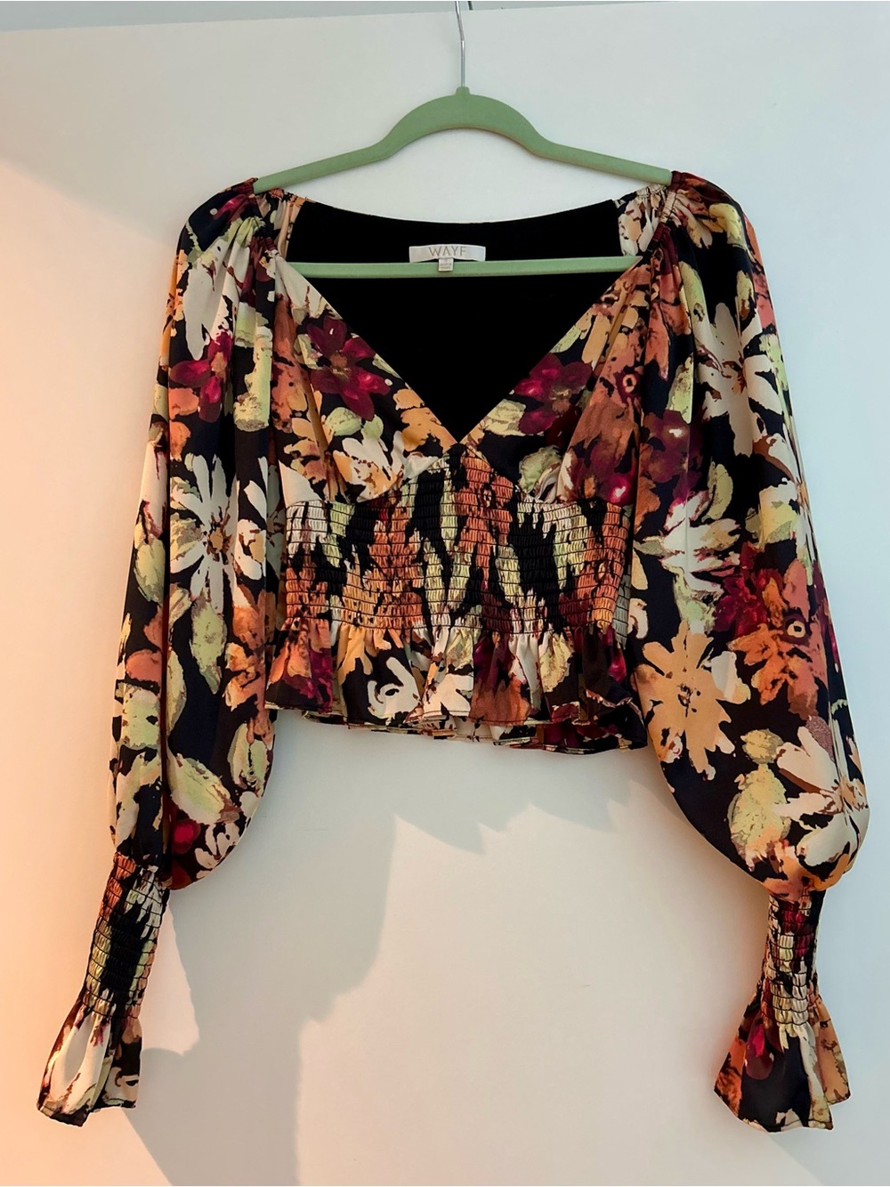 Wayf Black Floral Smocked V-Neck Cropped Blouse